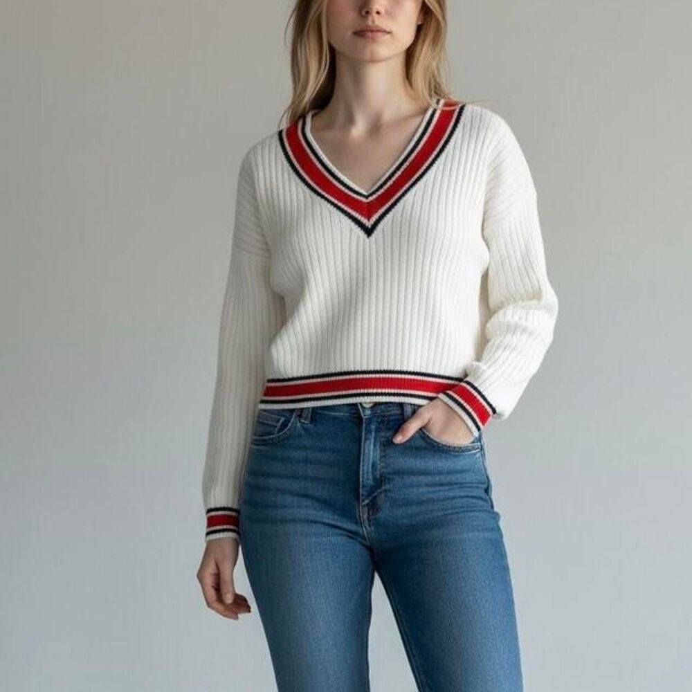 Divided brand- college prep-v neck sweater. Red and black stripe on white. Small